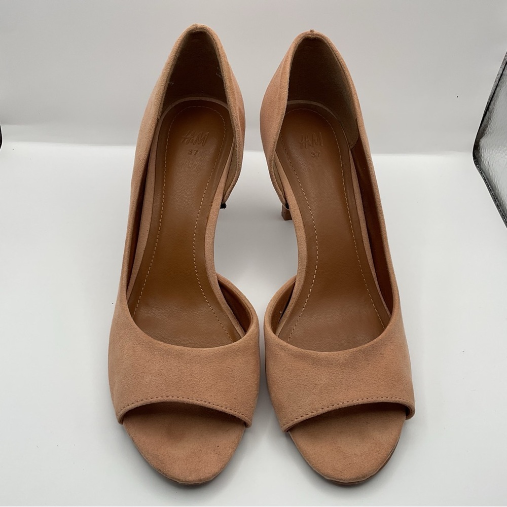 H&M Peach Faux Suede Peeptoe Pumps Size 37 - Picture 2 of 7